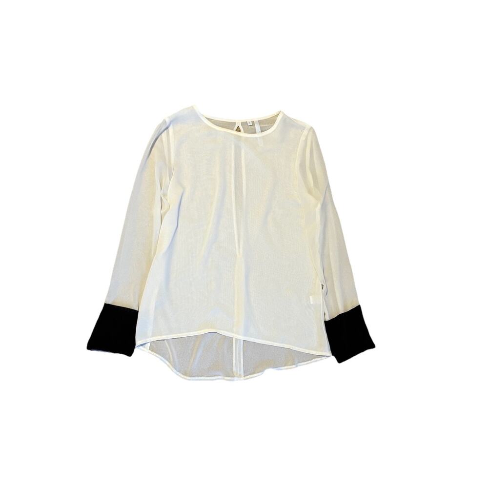 Sandra Weil Designer Sheer Blouse Sz Medium Ivory Black Cuffs Wrists Top Shirt